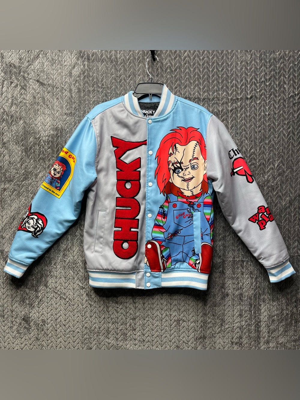 Chucky X Reason Jacket Mens Medium Blue Varsity Love Hurts Chucky Tiff Graphic